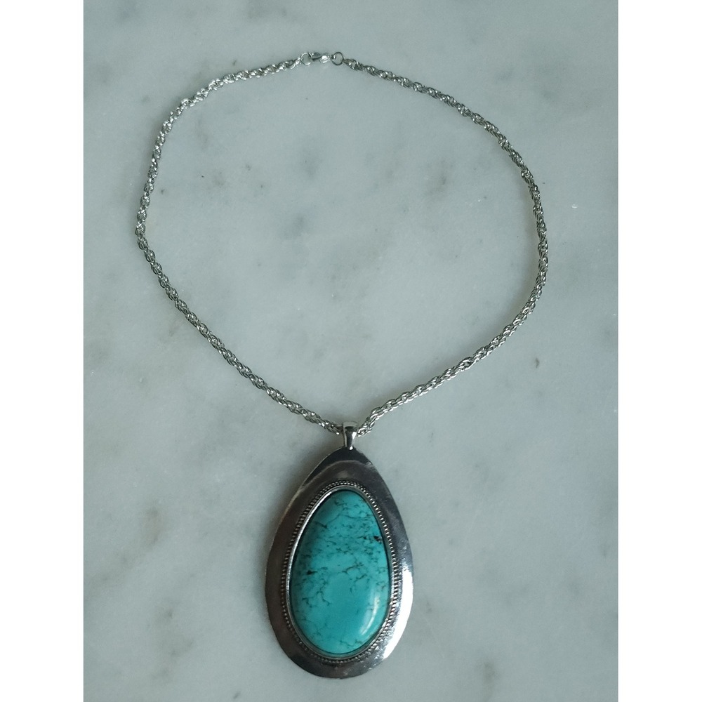 Turquoise Color Pendant Silver Necklace Blue Teardrop Boho Southwestern Statemnt